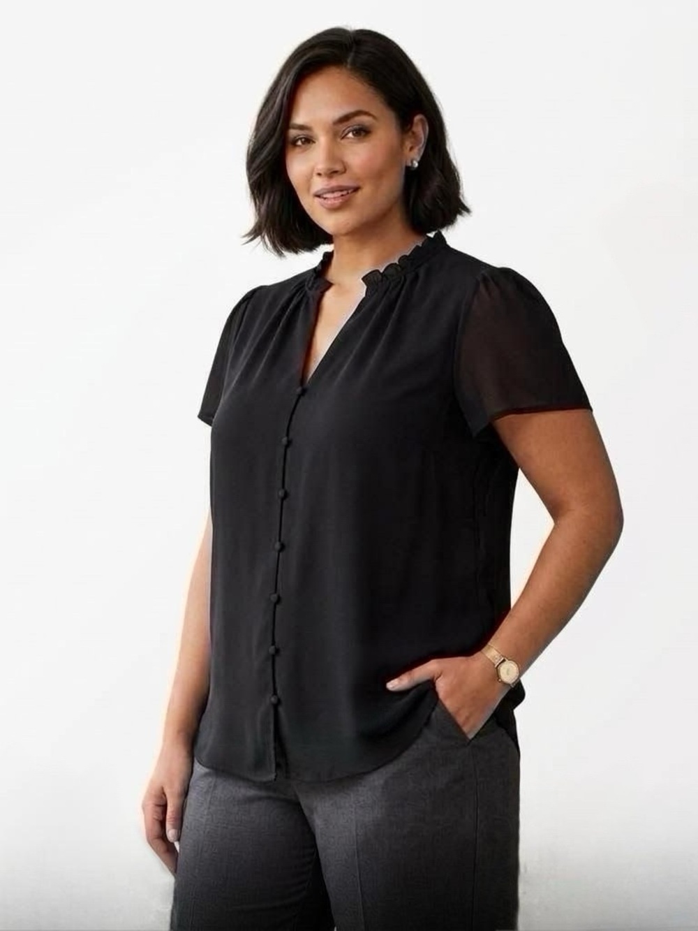 41 Hawthorn Black Short-Sleeve Ruffle Neck Blouse